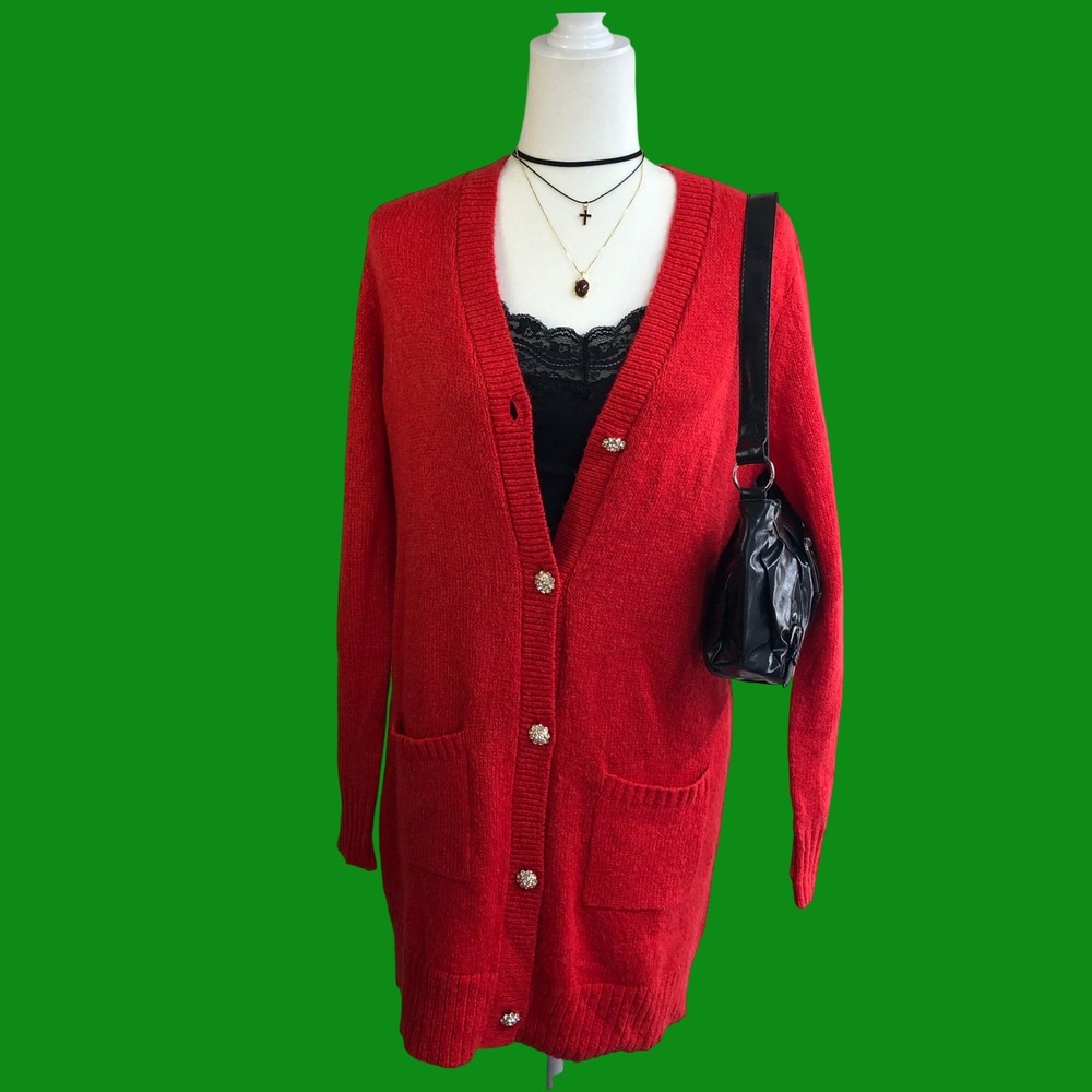 Vintage Y2K Lilly Pulitzer Red Longline Cardigan Jeweled Buttons Womens M
